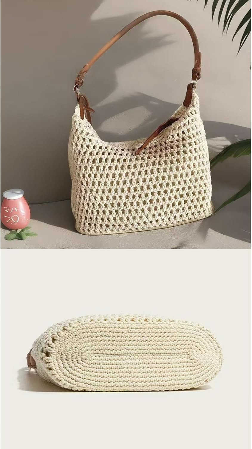 Women Small Cotton Crochet String Bag Handwoven Summer Beach Tote Bag Knitted Vacation Hobo Purse Bohemian Shoulder Handbag Z250922