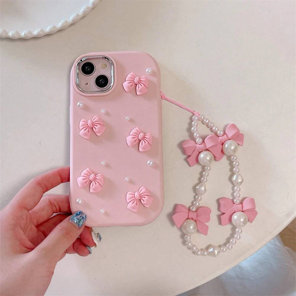 Cute 3D Pink Bowknot Phone Case For iPhone 15 14 13 12 16 Pro Max 11 XR 8 Plus SE Protective Cover With Bow Pearl Chain