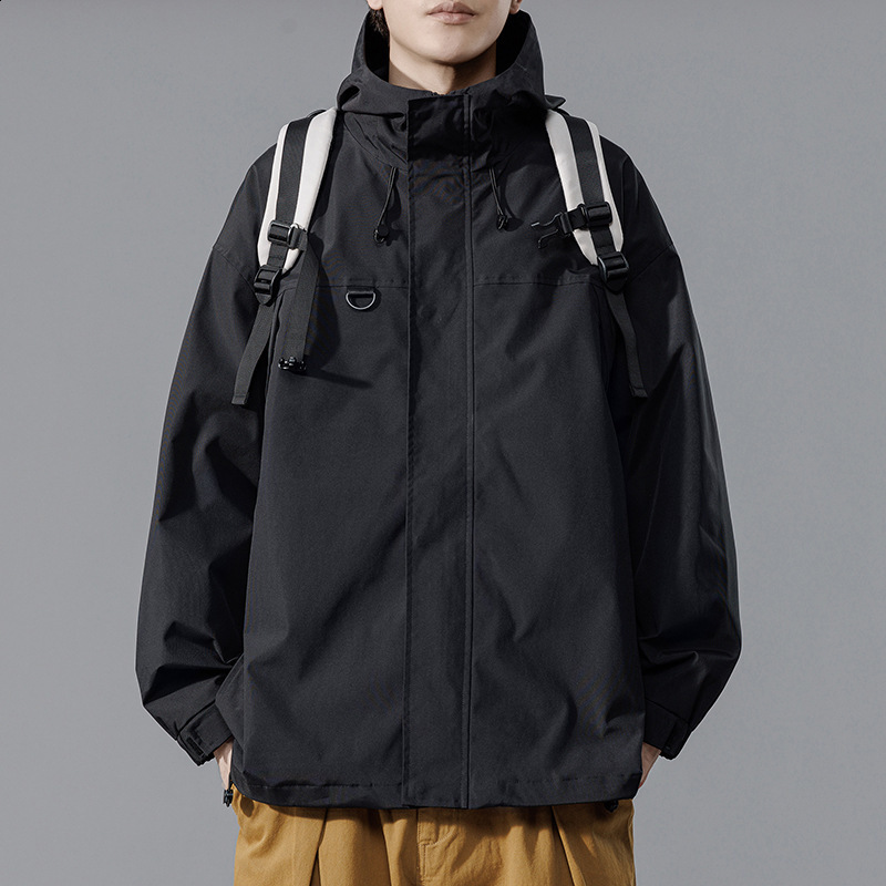 Techwear Jacket for Men Black Spring Japanese Streetwear Hooded Coat 210811