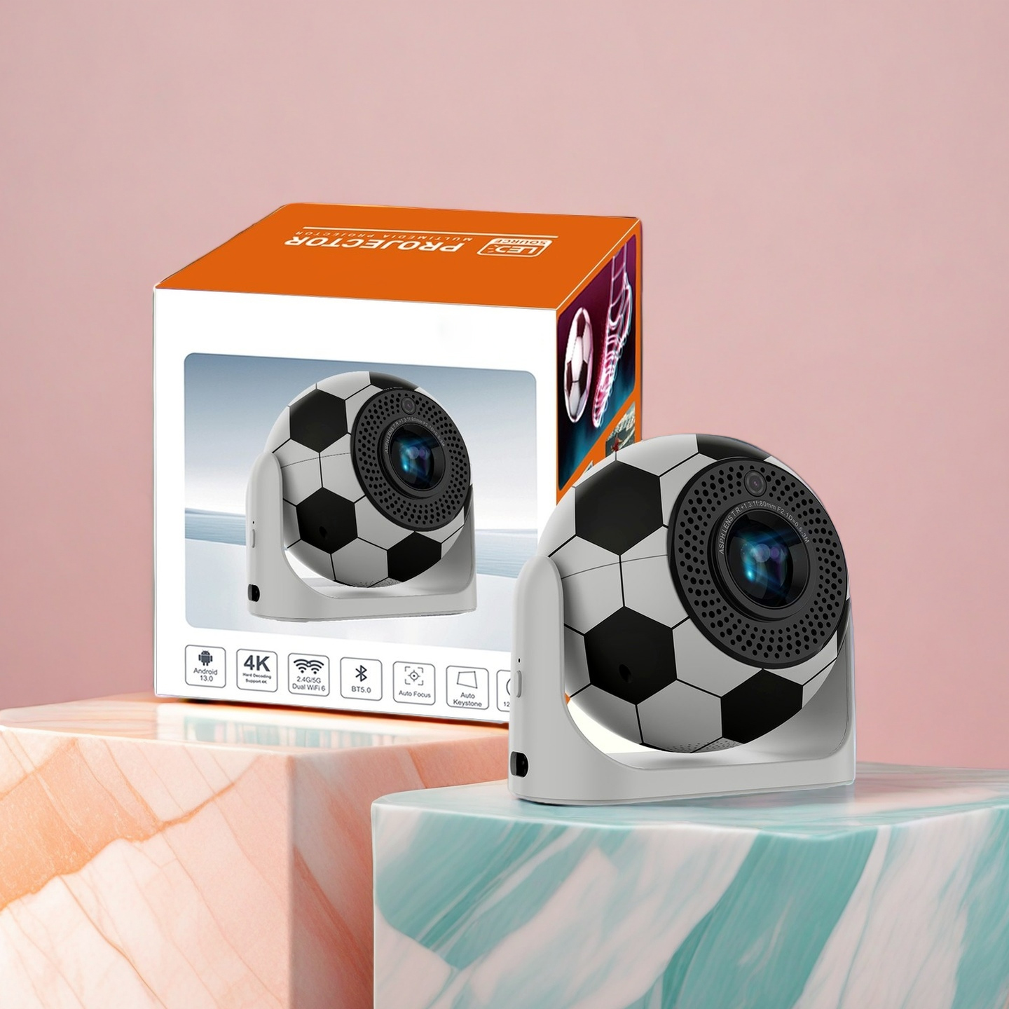 2025 Portable Projector 160 ANSI 1280*720P Android 13.0 BT 5.0 With 2.4/5G WiFi6 2+8GB Round Design Movie Projector 40"- 100" Screen, 180° F