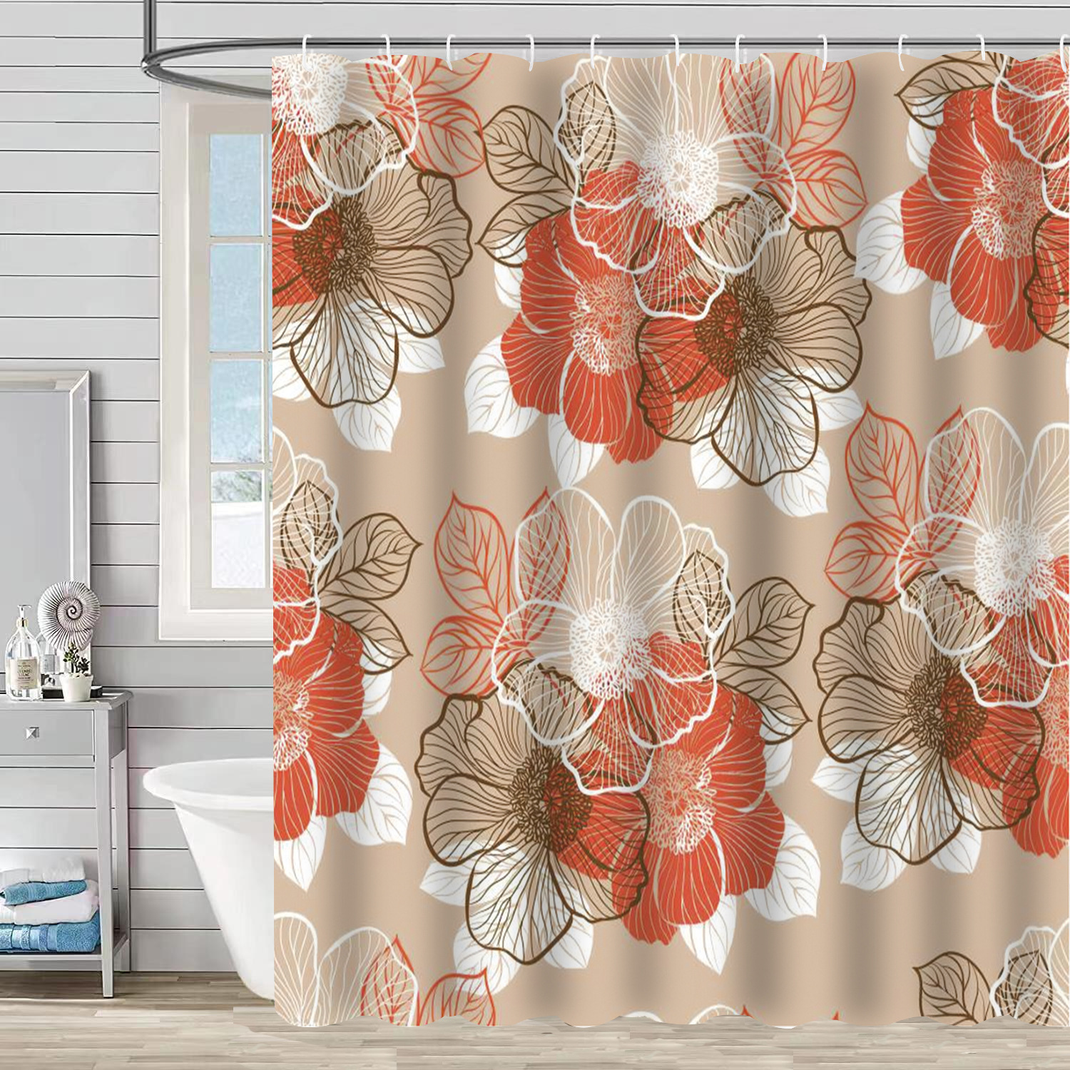 YL-37255 Waterproof Shower Curtain Hot Sale 3D Printed Tropical Jungle Plant Leaves and Flowers Season Polyester Shower Curtain with Hook