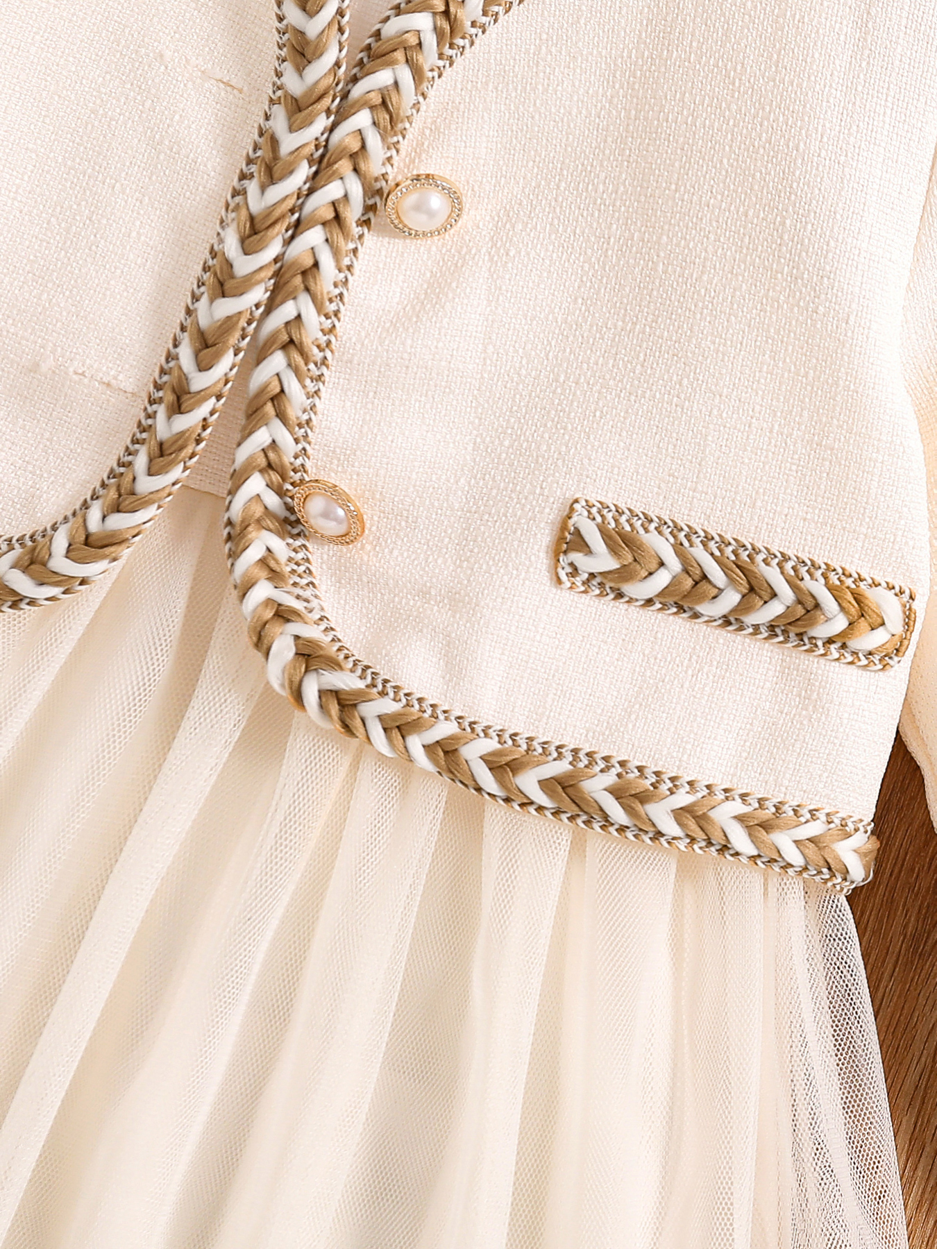 Toddler Girl 2pcs Set: Beige Tweed Jacket with Braided Trim & Tulle Dress, Elegant Party Outfit-KJ1C4420A