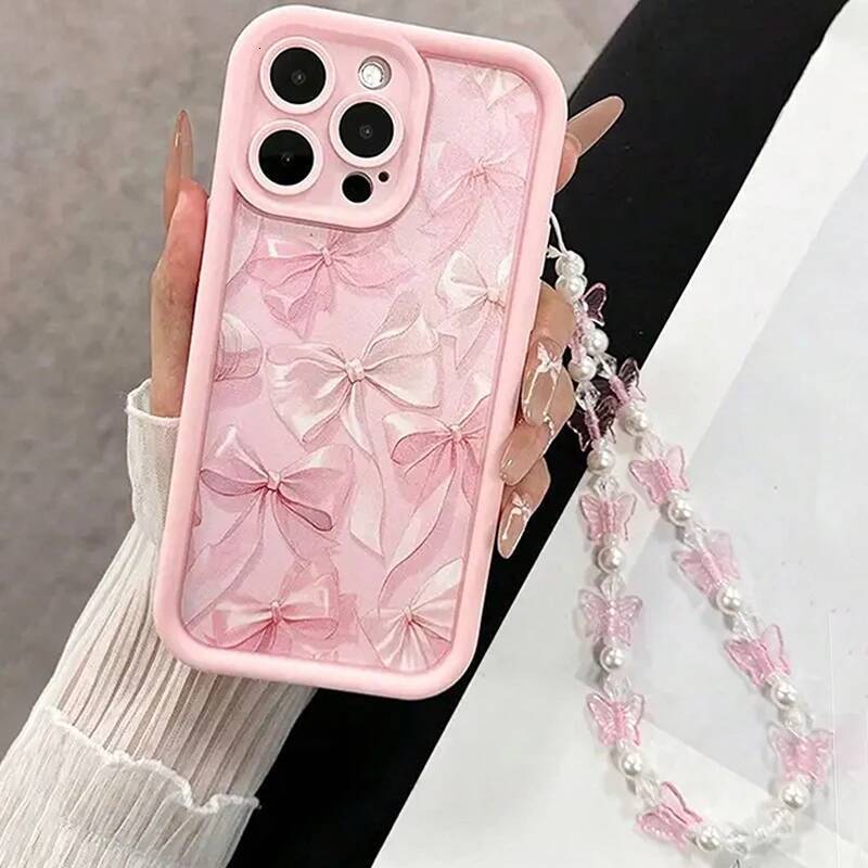 Pink Bow Pattern Silicone Phone Case For iPhone 16 17 15 14 13 12 11 Pro Max 16E X XS XR 7 8 Plus Butterfly Charm Cover