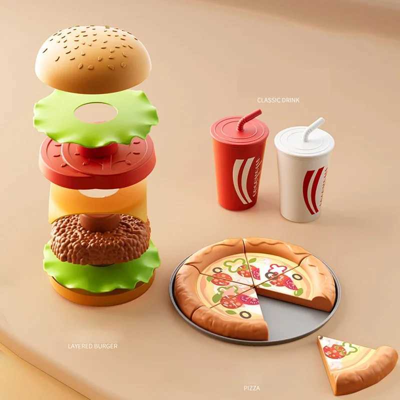 Kid Kitchen Toy Set Simulation Make Hamburger Pizza Fries Pretend Play Food Cooking Cutting Game Montessori Interactive Toy Gift C2509221