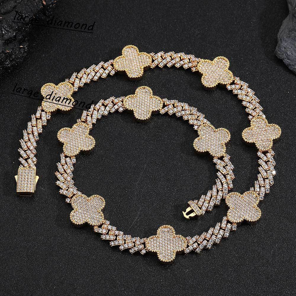 Lucky Four Leaf Clover Cuban Link Chain Single Row Diamond Prong Cuban Link Chain Necklace for Women Jewelry