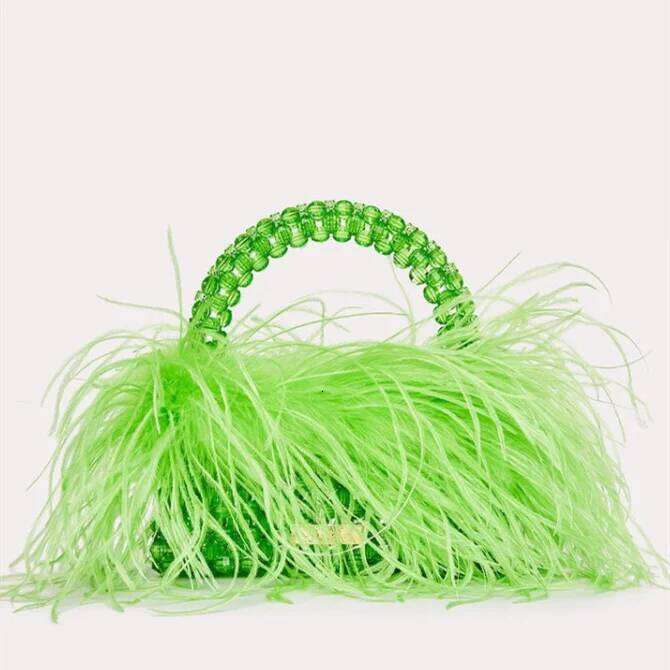 Designer Luxury Pearl Beaded Evening Bag Ostrich Feather Fur Clear Acrylic Crystal Stone Box Tote Handbag Women Handmade Party Purse