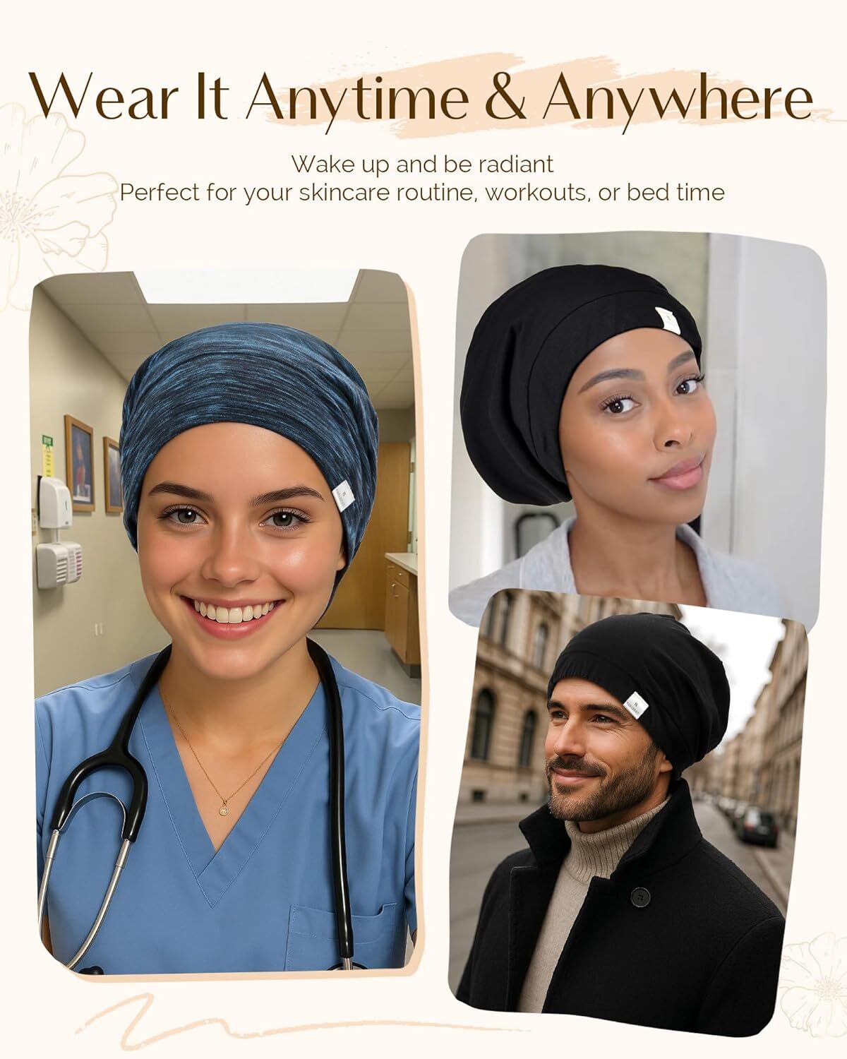 YANIBEST Satin Bonnet Wrap Sleeping - Adjustable Stay on Silk Lined Slouchy Beanie Hat for Curly Hair and Braids