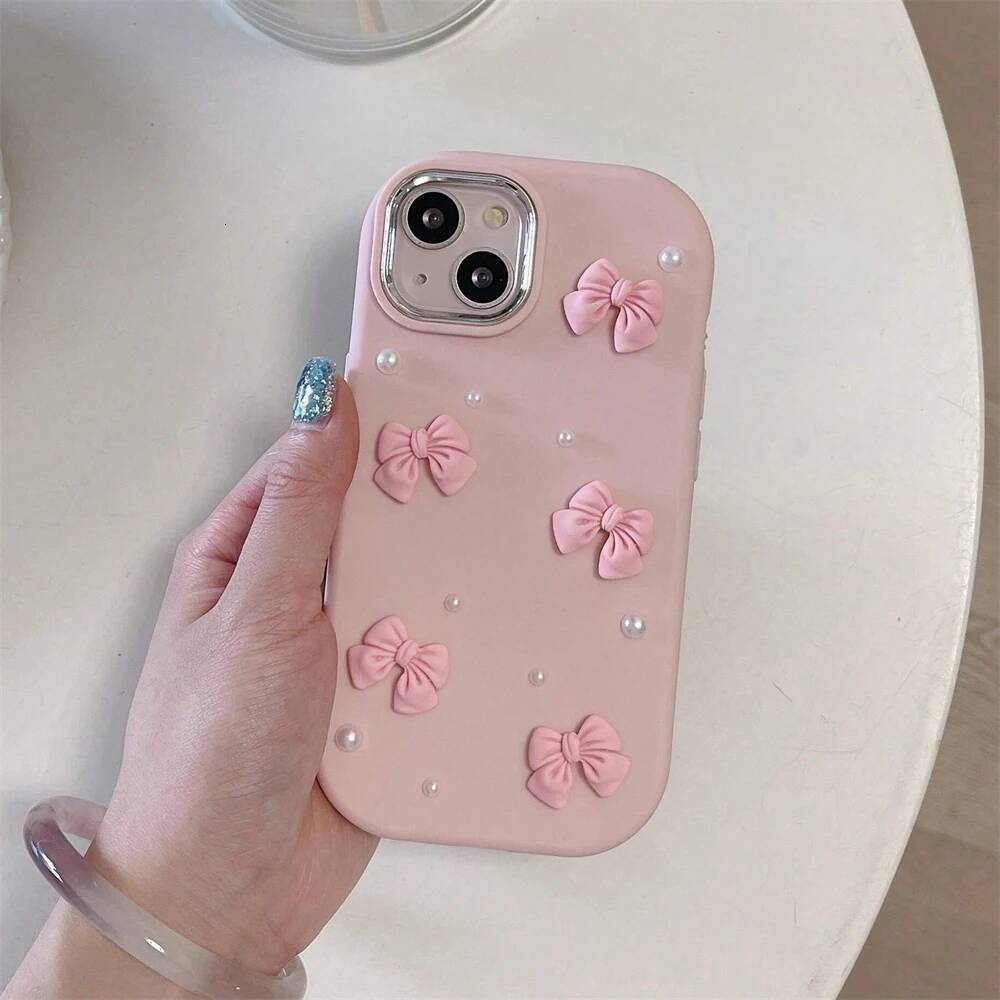 Cute 3D Pink Bowknot Phone Case For iPhone 15 14 13 12 16 Pro Max 11 XR 8 Plus SE Protective Cover With Bow Pearl Chain