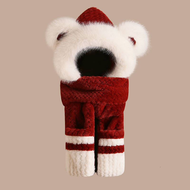 Cold-proof and warm teddy bear plush hat, scarf and gloves all-in-one women's winter thickened ear-protecting cycling cap