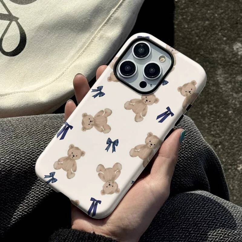 Phone Case for iPhone 16 15 14 13 12 11 X XS XR XSMAX 7 8 Pro Max Plus Adorable Bear Bow Tie Des Double-layer Back Cover