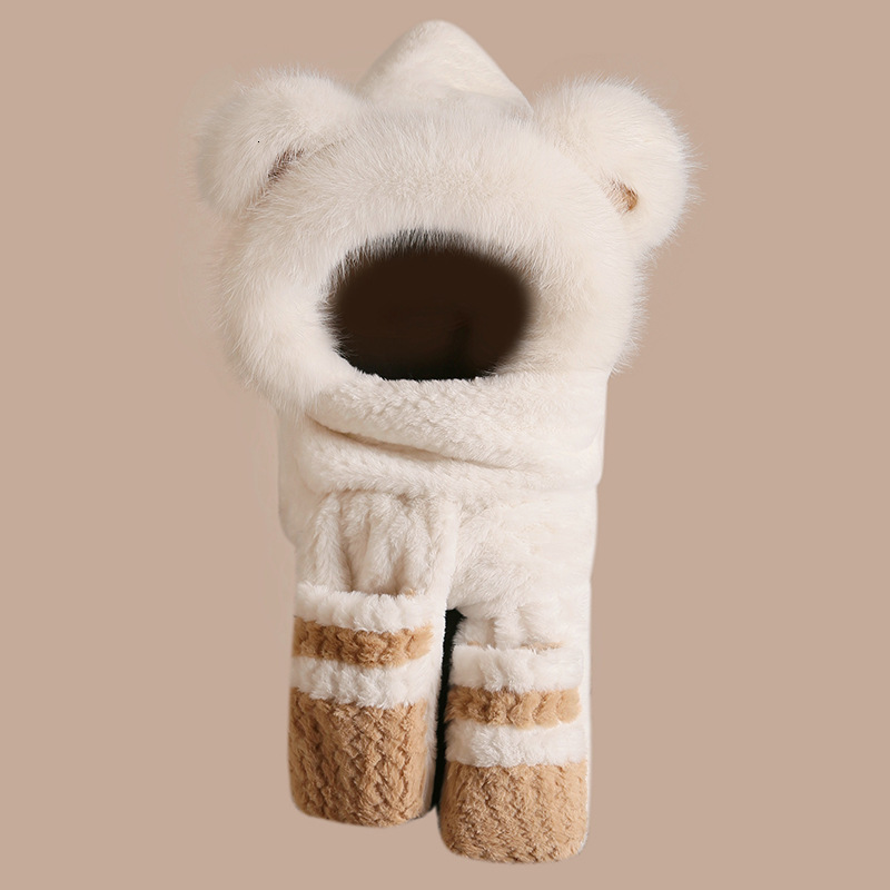 Cold-proof and warm teddy bear plush hat, scarf and gloves all-in-one women's winter thickened ear-protecting cycling cap