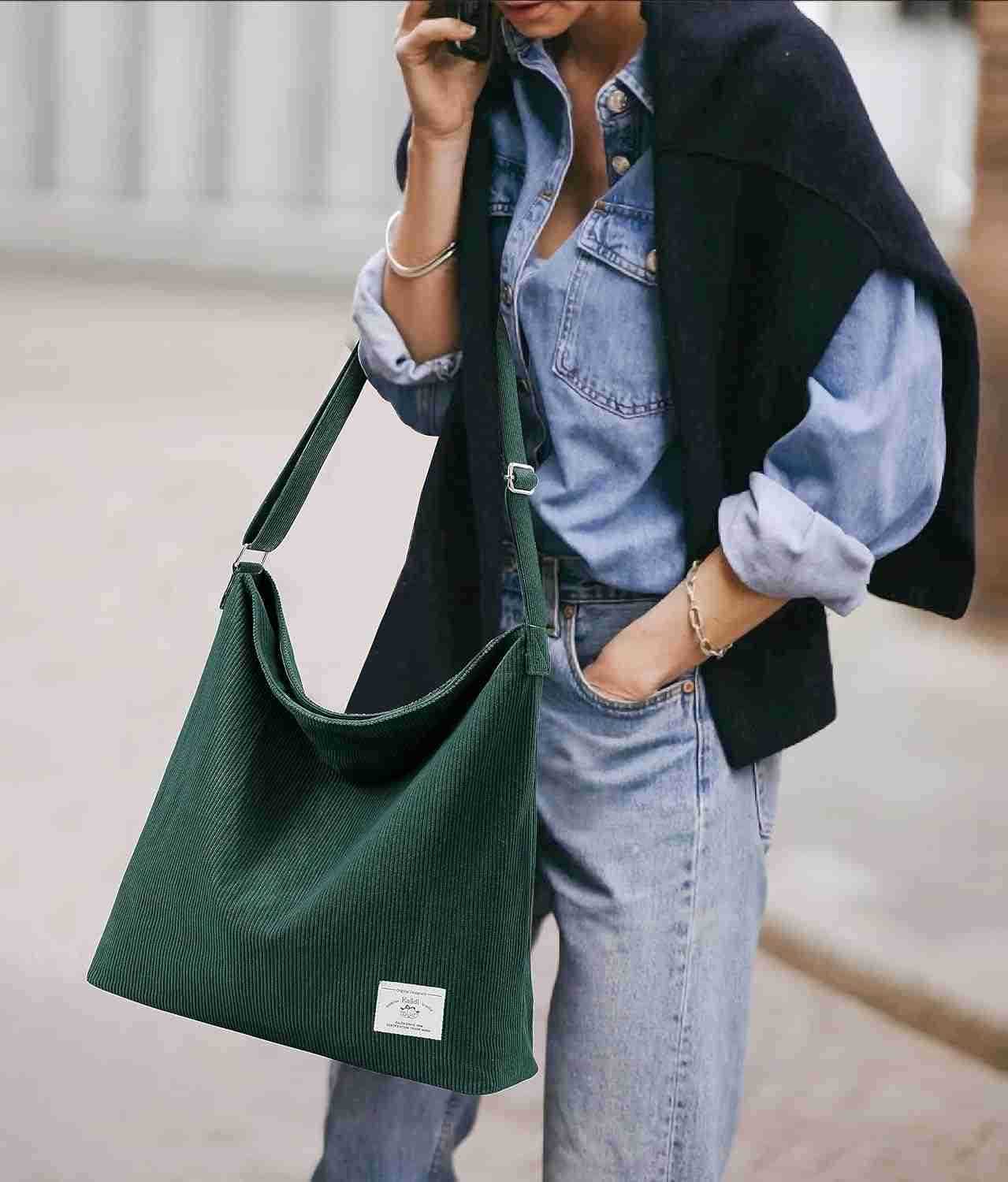 Corduroy Tote Bag for Women Casual Zipper Tote Handbag Large Crossbody Hobo Shoulder Bag Work Fashion Women Purse Z250922