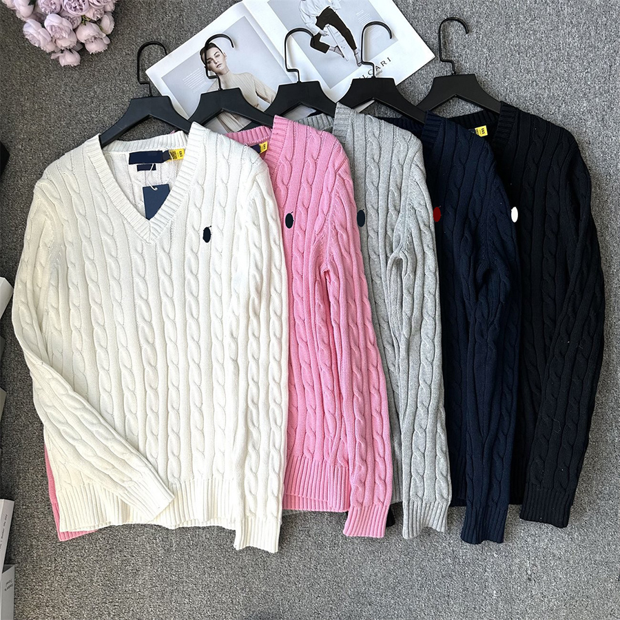 Women's Sweater Designer Sweater with Embroidery Classic Pony Retro Gray V-Neck Cable-Knit Sweater with Twisted Cable Embroidery Wool Knit Sweater Sizes S-L