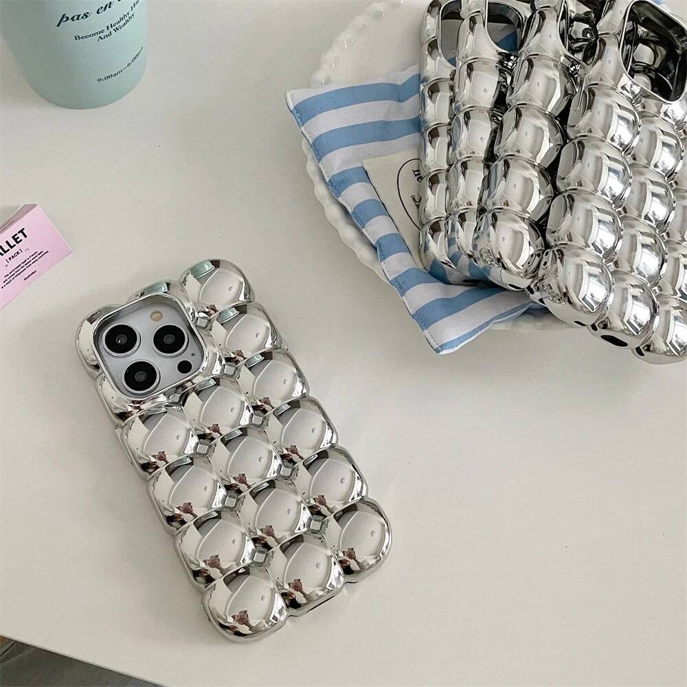 Stylish 3D Grid Plating Sier Case For iPhone 16 15 14 13 12 Pro Max 11 Plain Vintage Lovely Shockproof Cover Funda