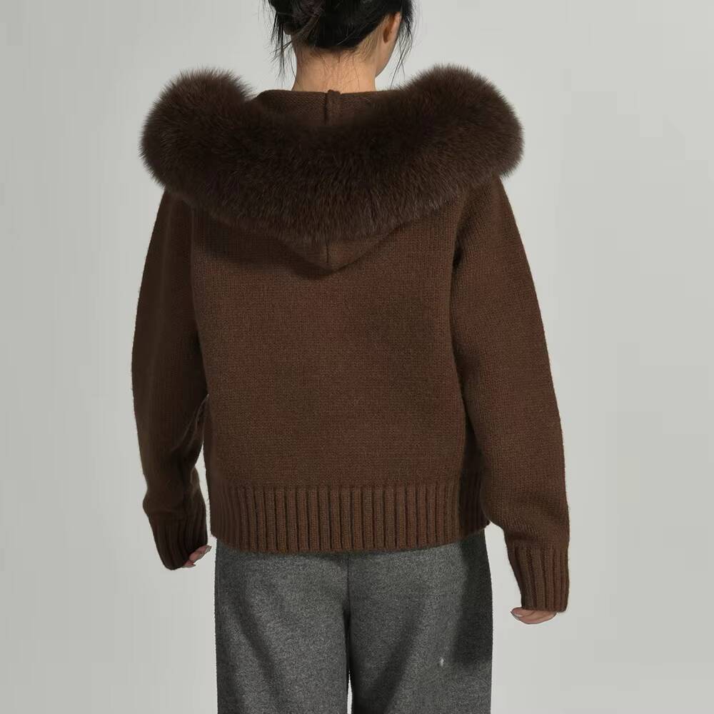 Fluffy Real Fox Fur Collar Hooded Custom Winter Wholesale Soft Knitted Cardigan Zipper Solid Color Women Sweaters Fashionable