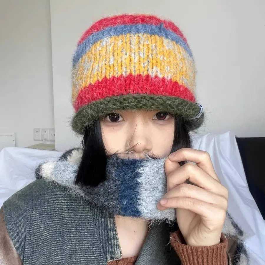 Korean Version Playf Rolled Edge Striped Knitted Hat For Wen In Autumn And Winter Warm Ear Protection Cold Hat Woolen Hat Y250920