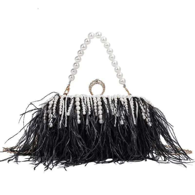 Designer Luxury Luxy Moon Designer Ostrich Fur Feather Wallet Women Clutch Dia Knuckle Rings Dinner Evening Bag Chain Purse