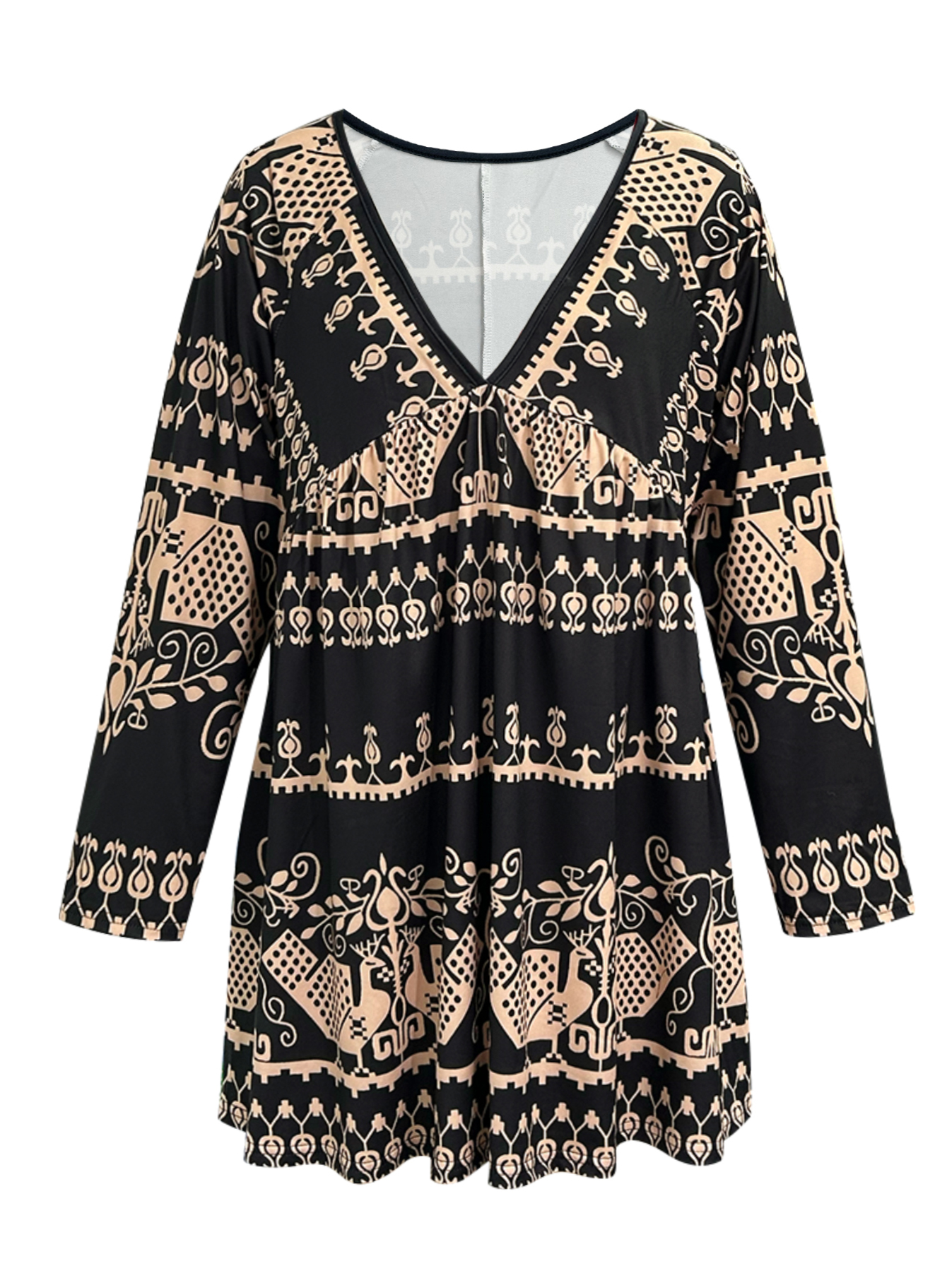 Autumn All Over Print V-Neck Fold Pleated Mini Dress YL25278