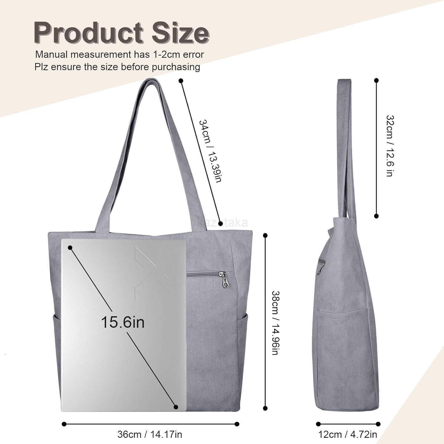 Kememo Corduroy Tote Bag for Women with Zipper Large Shoulder Bag Handbag for Work School Shopping Travel Gym Vacation Z250922