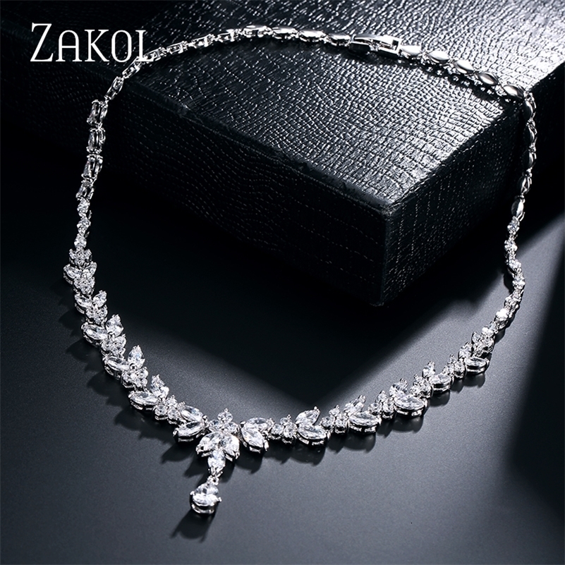 ZAKOL Brilliant Zirconia Leaf Necklace Earrings Rings Bracelets Set for Women CZ Drop Bridal Wedding Jewelry Sets 250920 Z260313