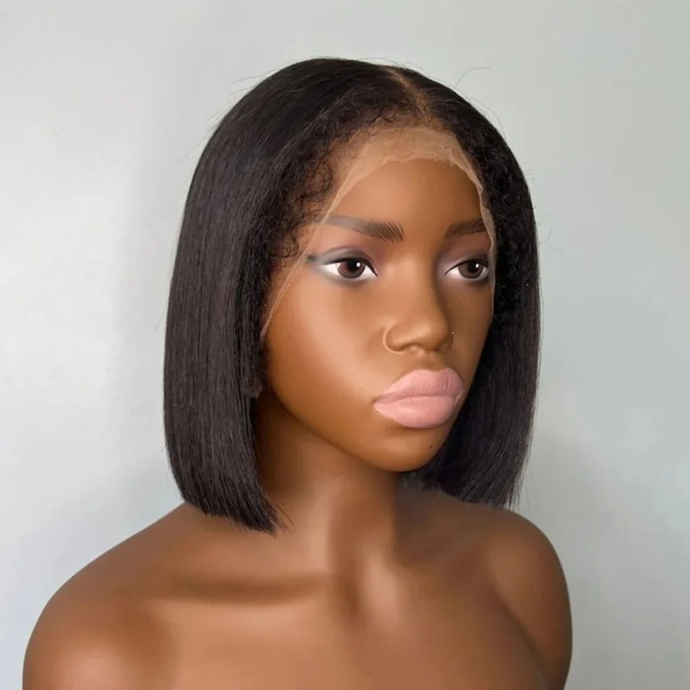 Black Kinky Straight Human Hair Wigs 4c Edges Short Bob Lace Wig Yaki Straight 13x4 13x6 HD Lace Frontal Wig Brazilian Hair Preplucked Ready To Wear f