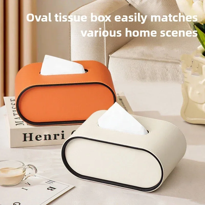 Luxury Tissue Box Orange Designer Paper Box High-end Living Room Creative Oval Leather Bedroom Desktop Napkin Storage Box Organization