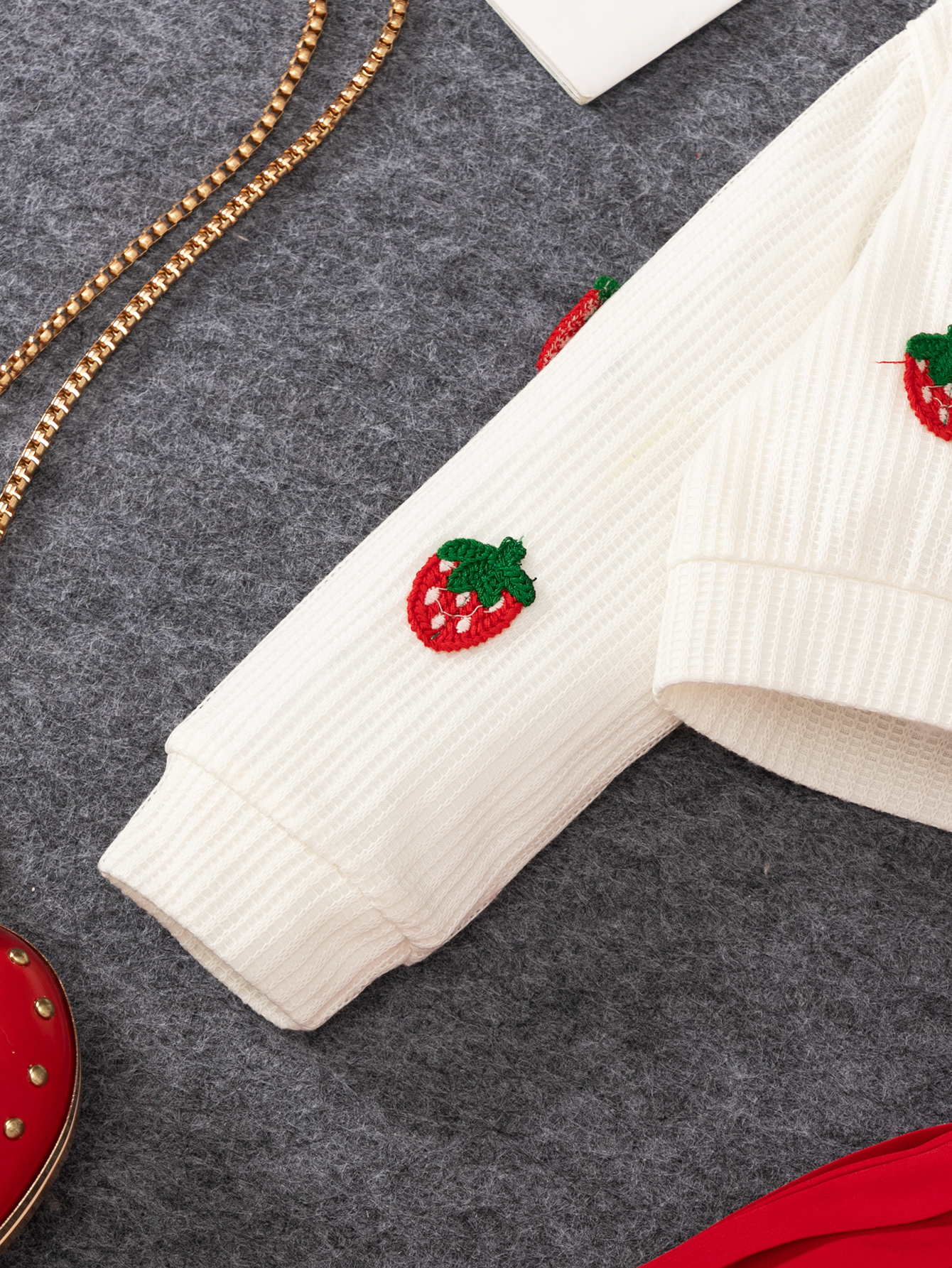 Toddler Girl 2pcs Set: Strawberry Embroidered White Cardigan & Red Pleated Sleeveless Dress, Cute Outfit-2690