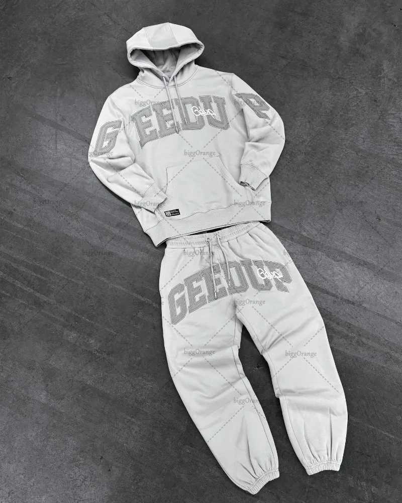 Gray Casual Street Trendy Brand Men Sets American Loose Goth Oversized Hoodie Letter Design Hip Hop Retro Sweatpants Women W250922