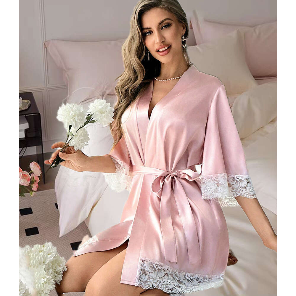 High end satin lace robe, lace lace pajamas with tie up casual nightgown for home and home wear, an ideal choice for elegant pajamas