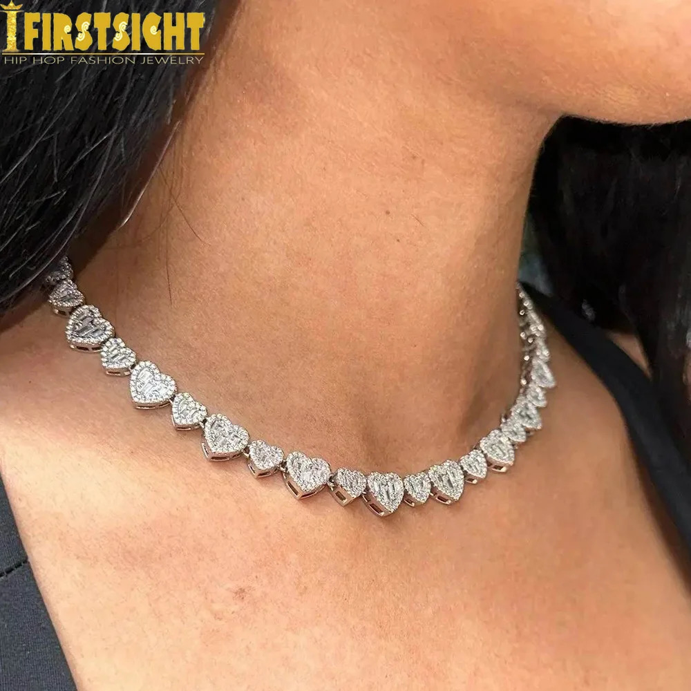Iced Out Heart Pendant Necklace Bling Full Paved Cubic Zirconia Heart Charm Link Chain Choker For Women Hip Hop Jewelry 250920