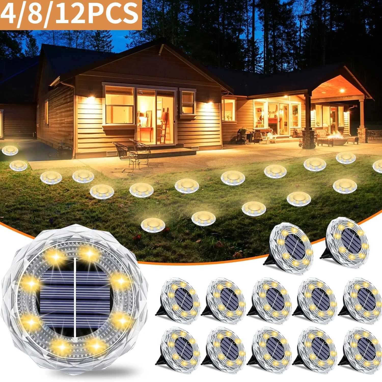 4/8/12PCS Solar Lights Outdoor Waterproof 8 LED Solar Ground Light Warm White Solar Buried Light for Patio Garden Lawn Driveway C250922