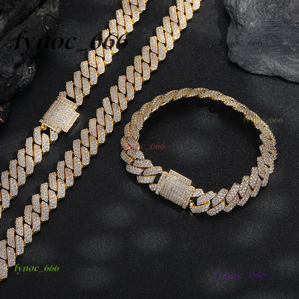 Mens HipHop Rose Gold Bar Cuban Necklace Copper Inlaid Moissanite 14mm Diamond Cuban Chain HipHop Necklace