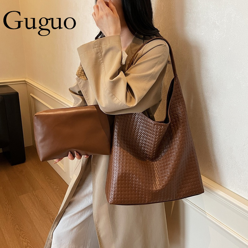 Guguo Designer Bag Vintage Large Capacity Bag Luxury Bag For Women 2025 Trendy Fashion New Simple Shoulder Bag Woven Pattern Casual Commuter Tote Bag