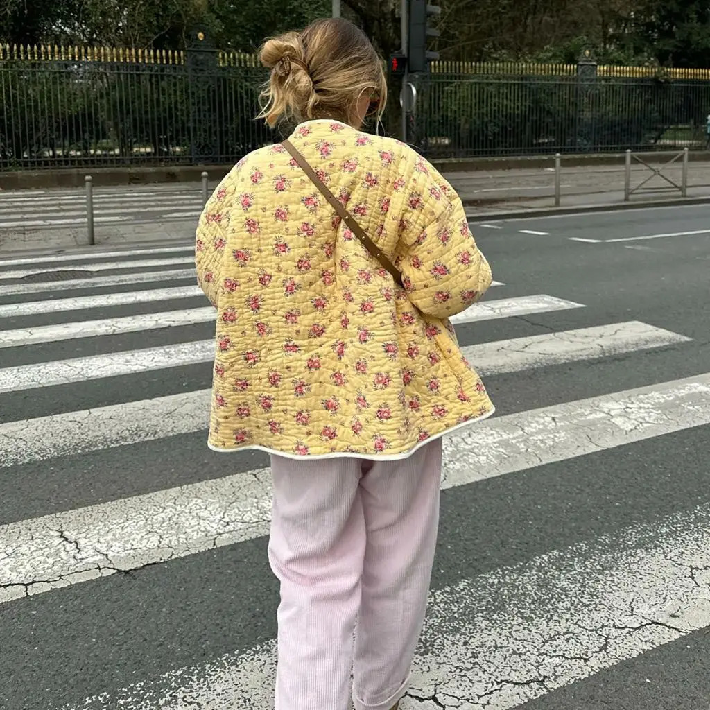 Combhasaki Womens Y2K Vintage Zip Up Cropped Jacket Aesthetic FloralStriped Lightweight Quilted Long Sleeve Coats with Pockets 250923