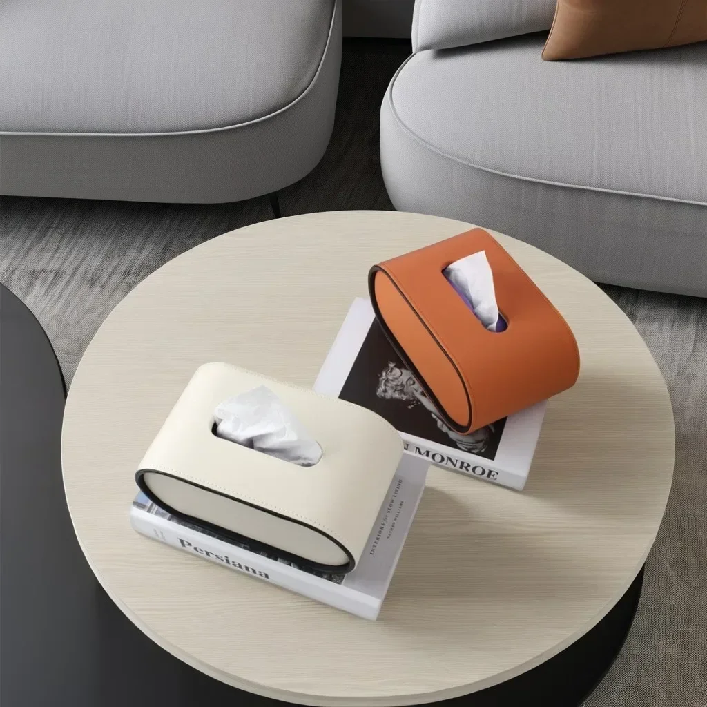 Luxury Tissue Box Orange Designer Paper Box High-end Living Room Creative Oval Leather Bedroom Desktop Napkin Storage Box Organization