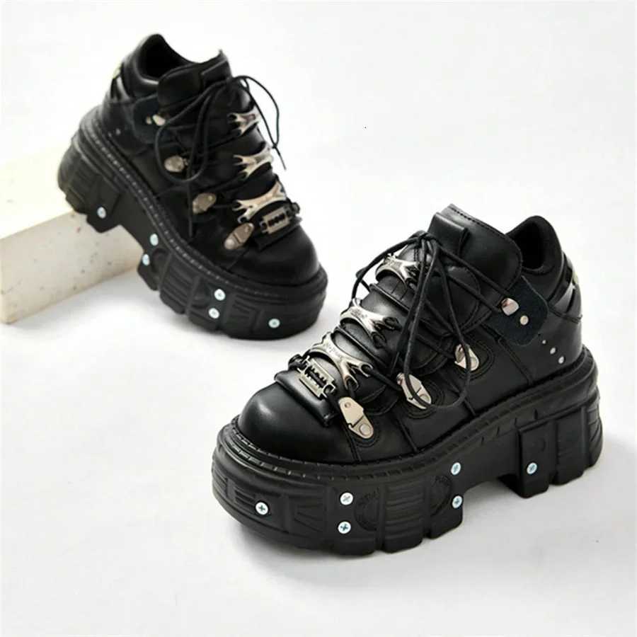 Punk Style Women Black Shoes Rock Metal Decor Laceup Heel Height Platform Shoes Gothic Man Sneakers Women Ankle Boots 2025 New W250922