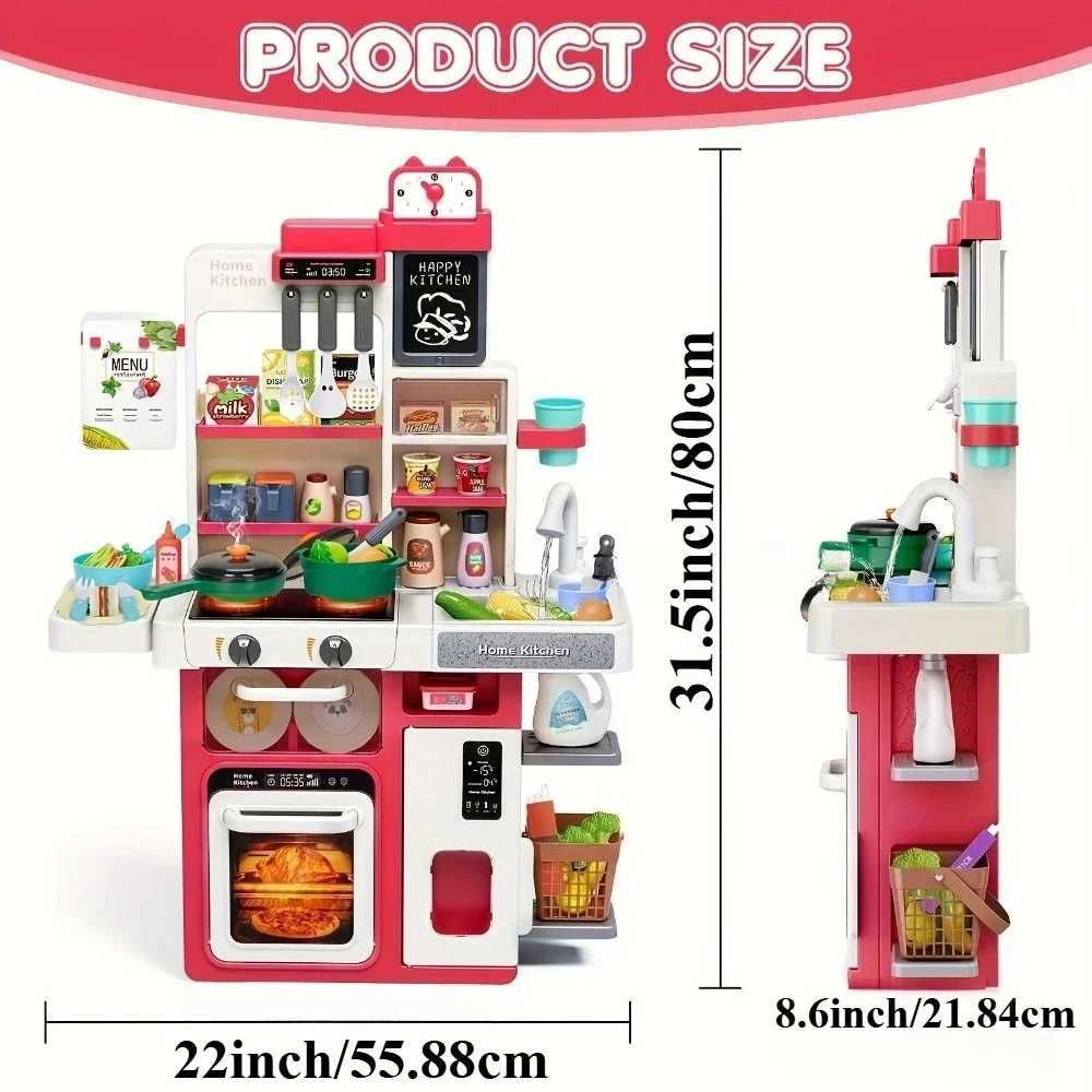 Kids Kitchen Playset with Realistic Lights Sounds Spray Sink Pretend Play Food Kitchen Christmas Gift for Boys Girls Toddlers C250922