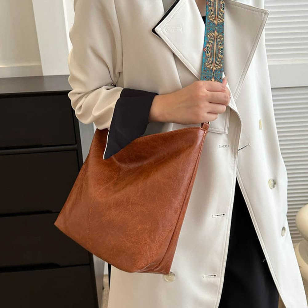 Hobo Crossbody Bag for Women Vegan PU Leather Shoulder Purses Brown Stylish Wide Guitar Strap Tote Bucket Bag with Zipper for Working Shopping Traveli