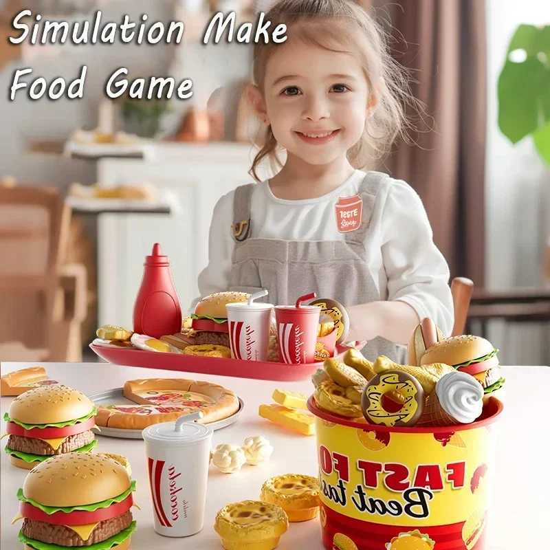 Kid Kitchen Toy Set Simulation Make Hamburger Pizza Fries Pretend Play Food Cooking Cutting Game Montessori Interactive Toy Gift C250922