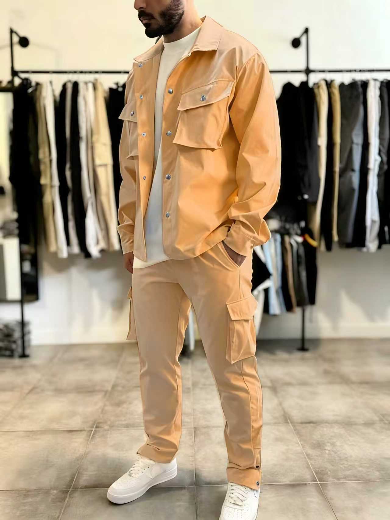 New Designer Set European style Mens Clothing Spring And Autumn Leisure Sports Multi-pocket Cargo Jacket Trousers Two piece Set plus size sweatsuit