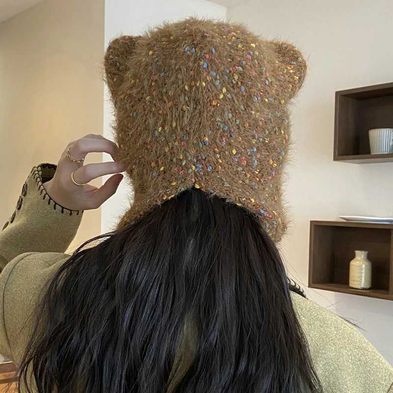 Cute Beanie Autumn Winter Wen Warm Janese Knit Hat e Cs Ear Protection Tie Pr Hat Gorro Bonnet Y250920