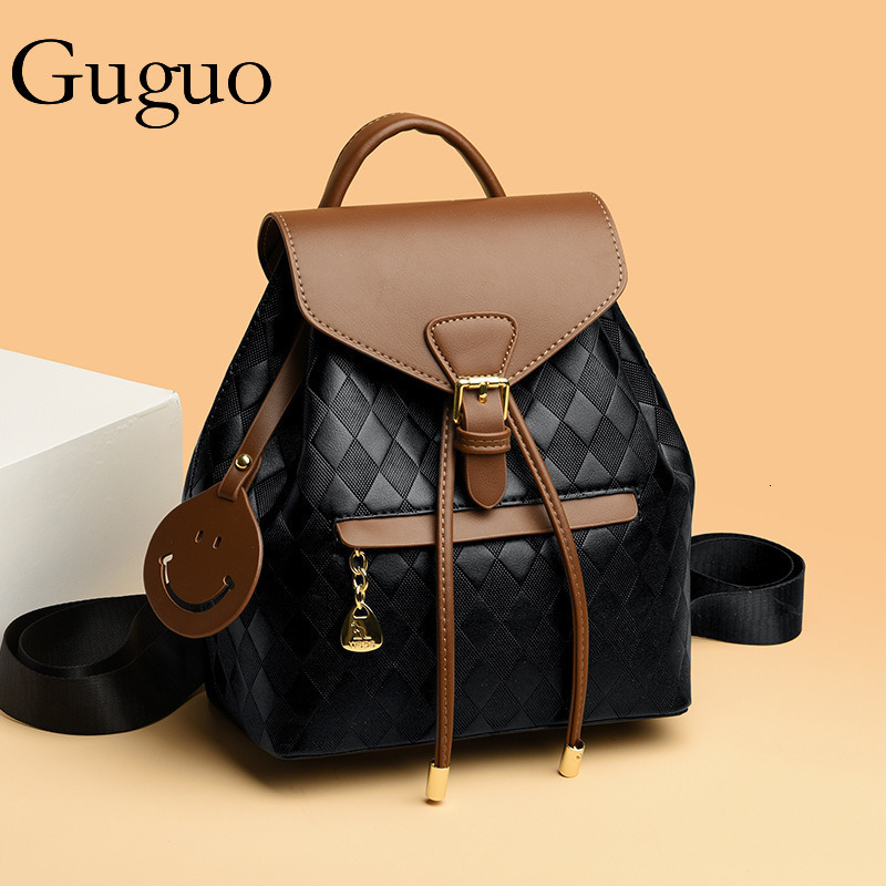 Guguo Designer Bag Backpack Luxury Bag For Women 2024 New PU Retro Color-block Women's Shoulder Bag Soft Leather Fashion Bag College Student Back