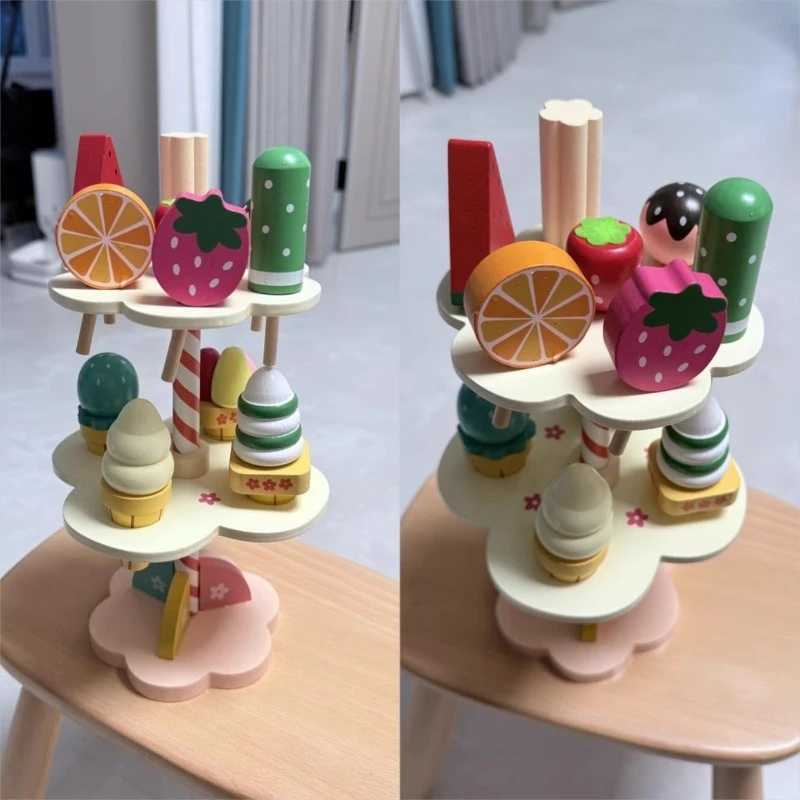 Wooden Mother Garden StrAWberry Three Layer Cake Ice Stand Blocks Pretend Play House Kitchen Toy Cooking Gift C250922