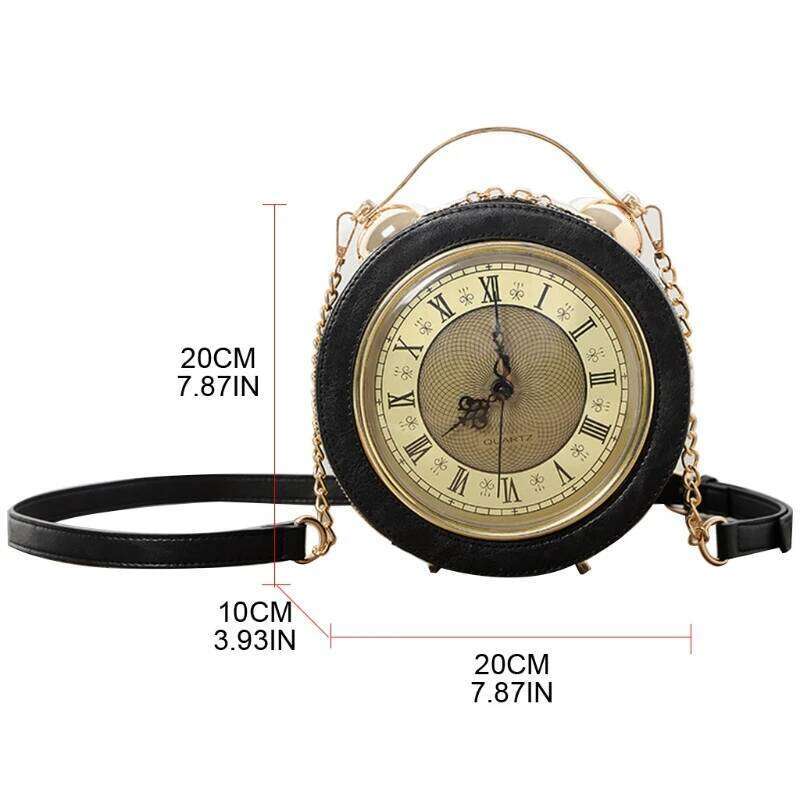 Designer Luxury Fashion PU Leather Women Lady Vintage Clock Round Handbag Crossbody Shoulder Bag Chain Purse