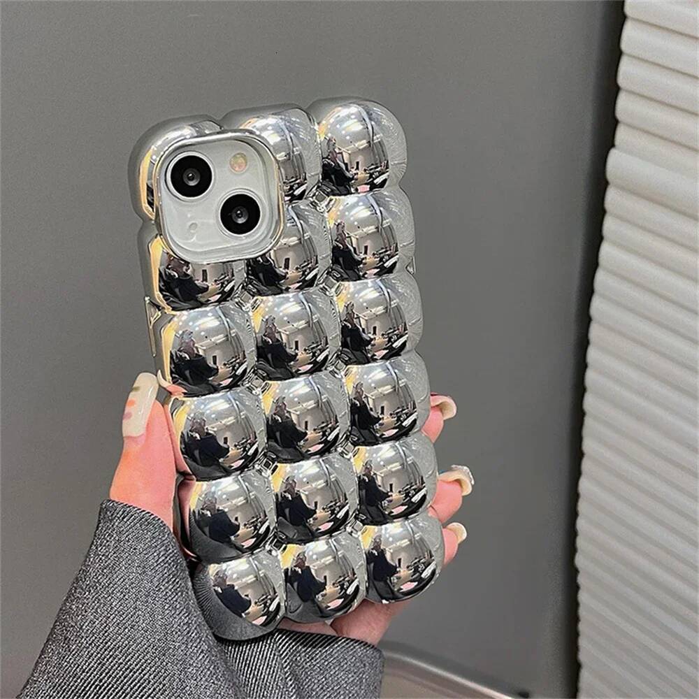 Stylish 3D Grid Plating Sier Case For iPhone 16 15 14 13 12 Pro Max 11 Plain Vintage Lovely Shockproof Cover Funda