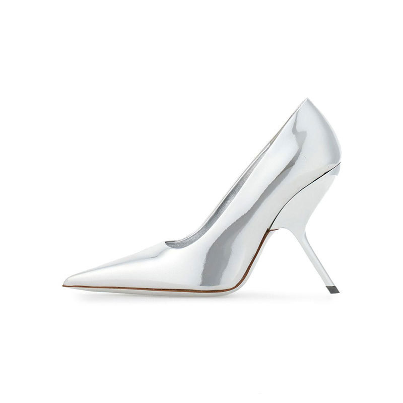 Fashion High Heels New Niche Design Special-shaped Heel Pointed Light Mouth Single Shoes Large Size Black Patent Leather Thin High Heel