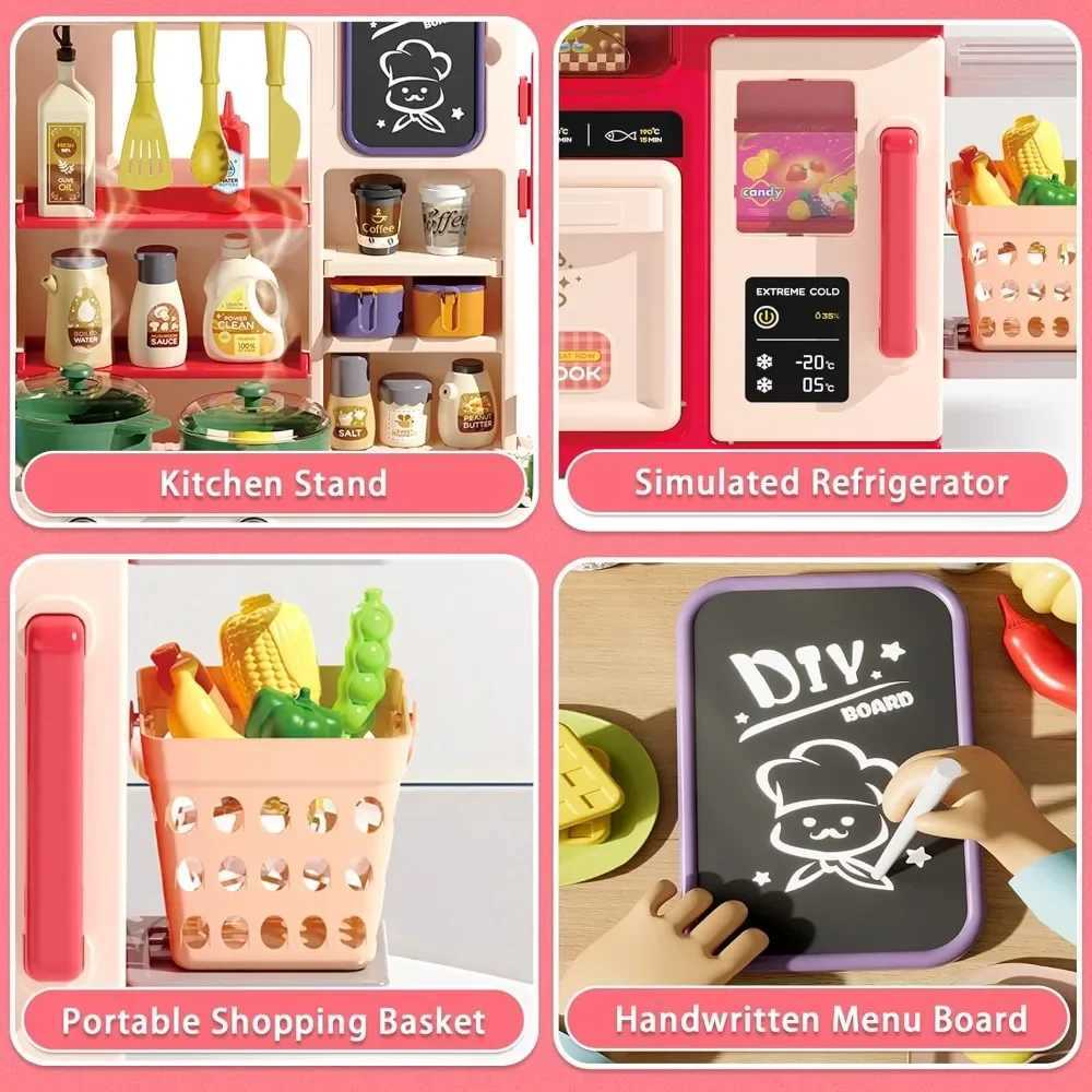 Kids Kitchen Playset with Realistic Lights Sounds Spray Sink Pretend Play Food Kitchen Christmas Gift for Boys Girls Toddlers C250922