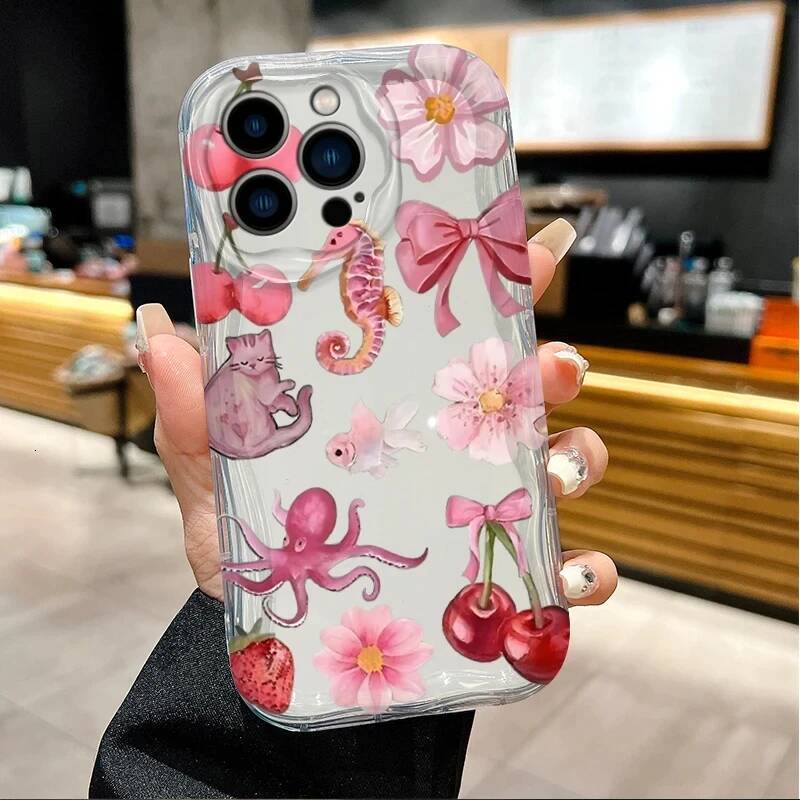Red Cherry Bow Soft Wave Silicone Phone Case for IPhone 15 14 13 12 11 Pro Max Plus 16E XR XS X 7 8 Shockproof Clear Cover