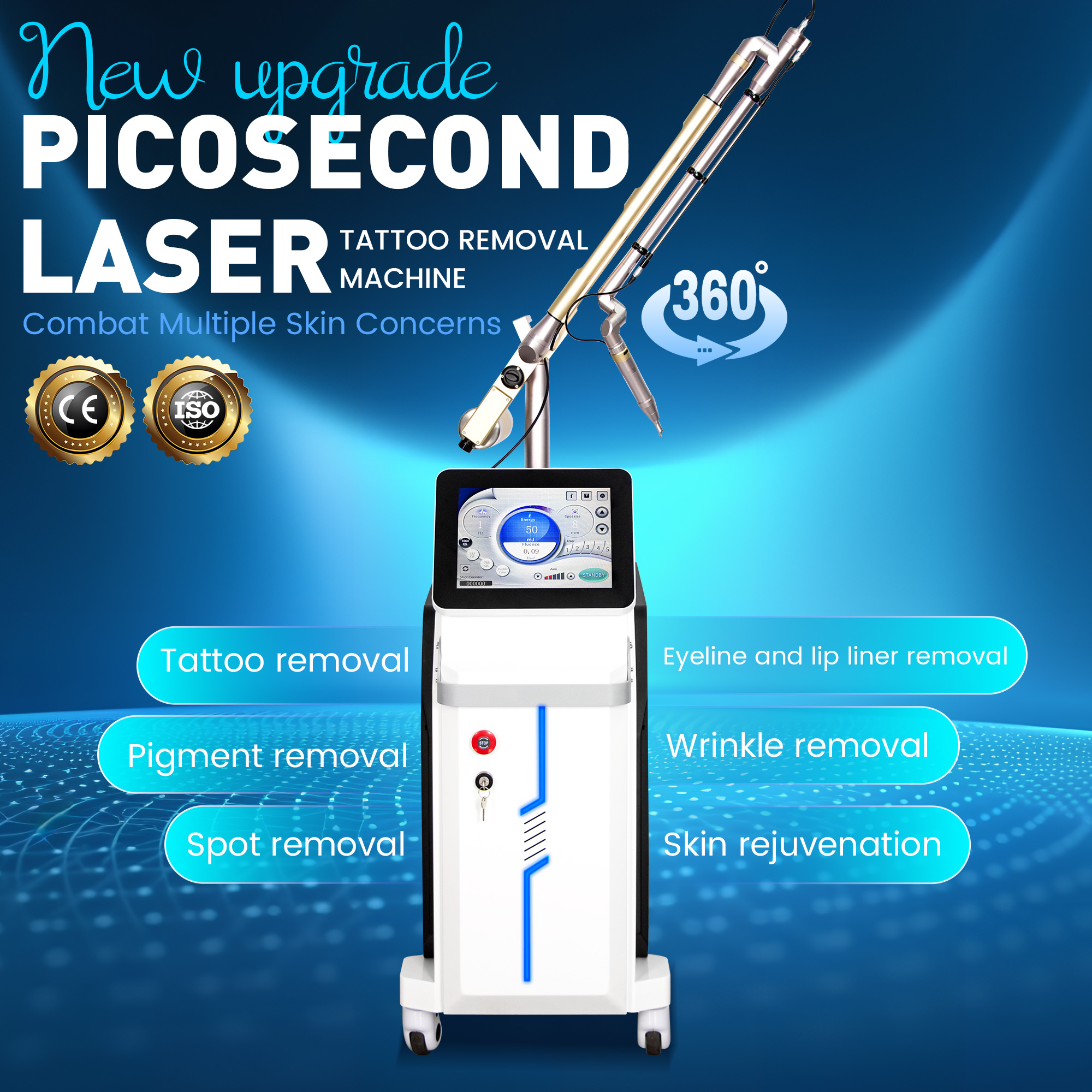 Vertical Super Picosecond Nd Yag Laser Tattoo Removal Machine 755nm 1064nm 532nm 1320nm Freckle Pigment Skin Whitening Device