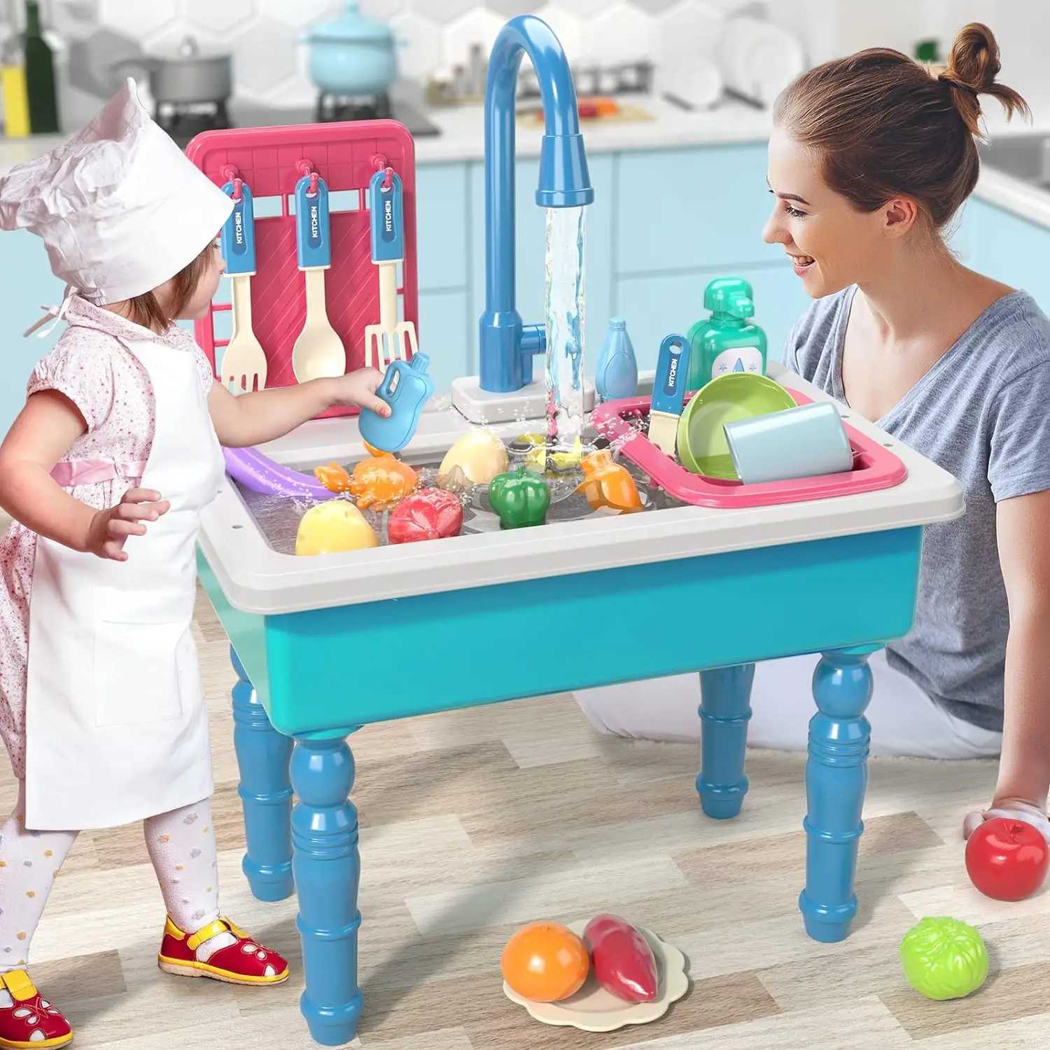 Play House Simulation Kitchen Sink Children Toys With Real Faucet Cooking Stove Cookware Pot Pan Play Food Girls Toy Educational C250922